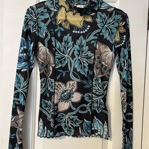 Topshop Black and Blue Floral High Neck Long Sleeve Top